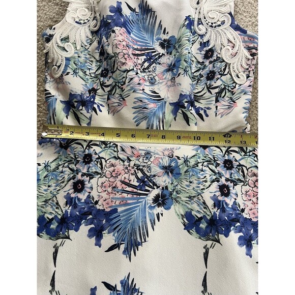 SISTER JANE Dress Size Medium White Blue Floral Sleeveless Fit Flare Mini Lace - Picture 10 of 12